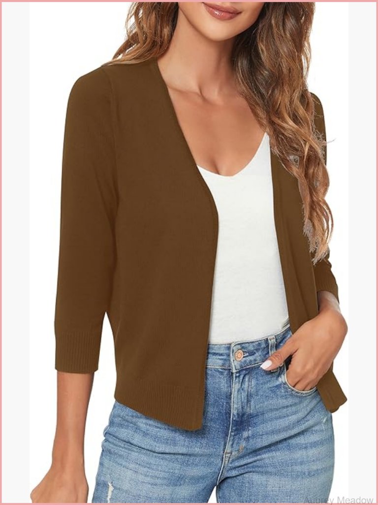 3/4 Sleeve Open Front Cropped Sweater Cardigan Shrug